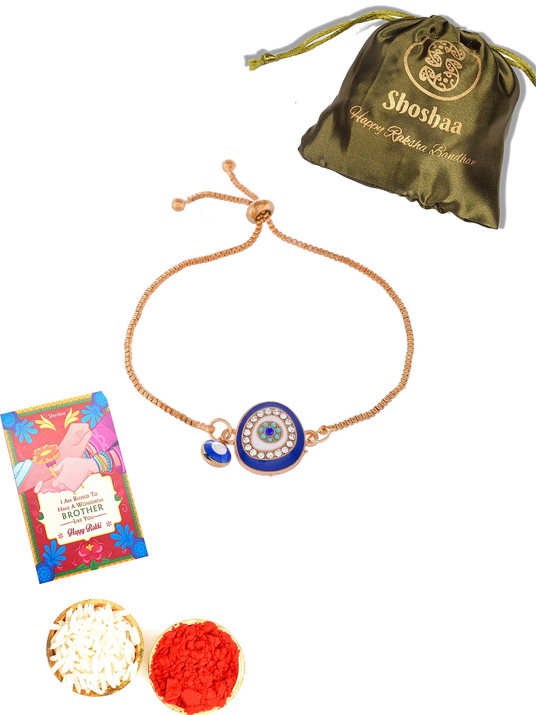

Shoshaa Blue & Gold-Toned Embellished Evil Eye Rakhi