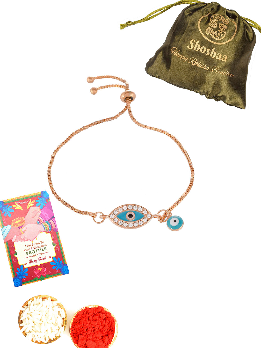 

Shoshaa Turquoise Blue Embellished Evil Eye Rakhi Combo