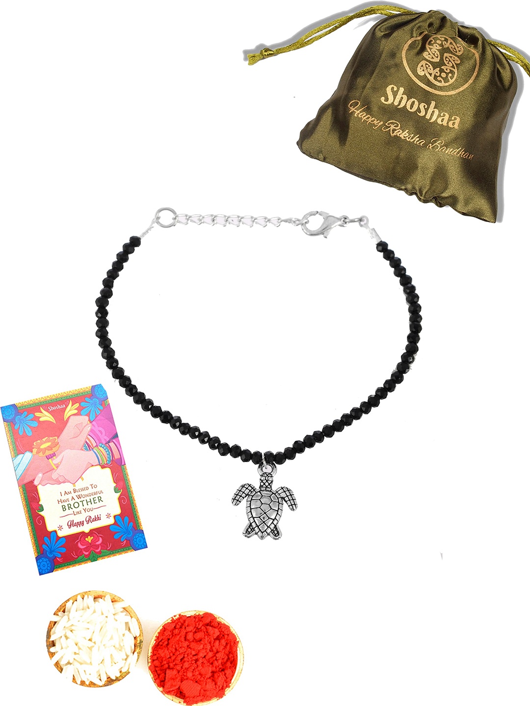 

Shoshaa Silver-Toned & Black Embellished Rakhi with Roli Chawal & Card