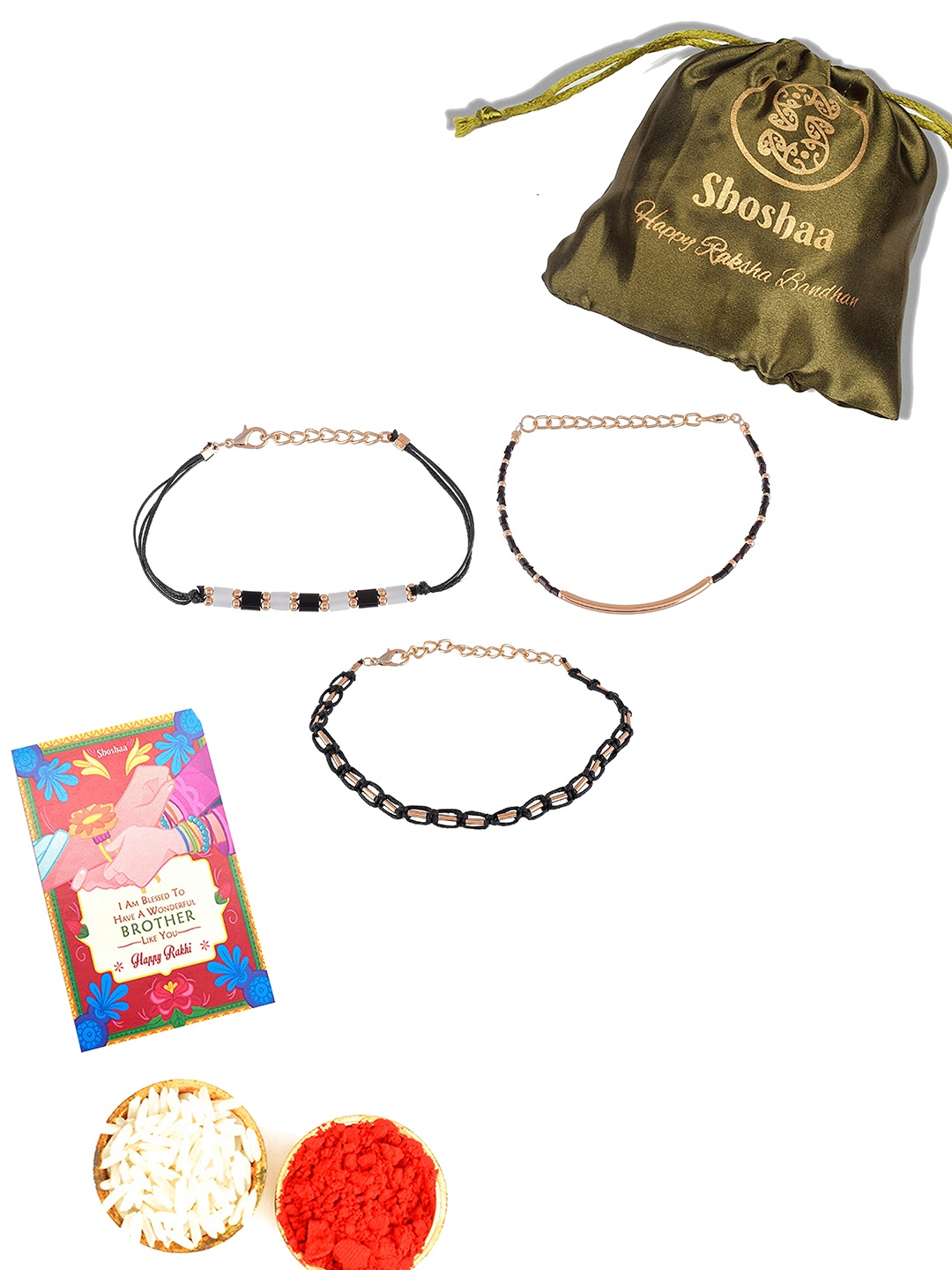 

Shoshaa Set of 3 Black Wraparound Rakhi Roli Chawal & Card