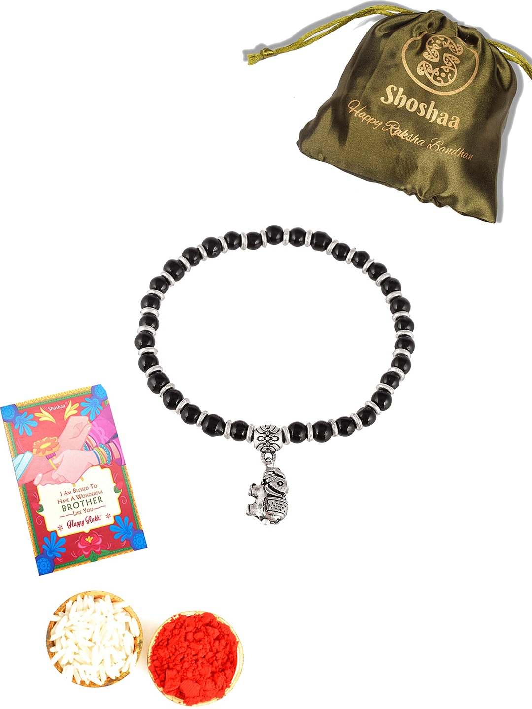 

Shoshaa Silver-Toned & Black Beaded Embellished Rakhi with Roli Chawal & Card