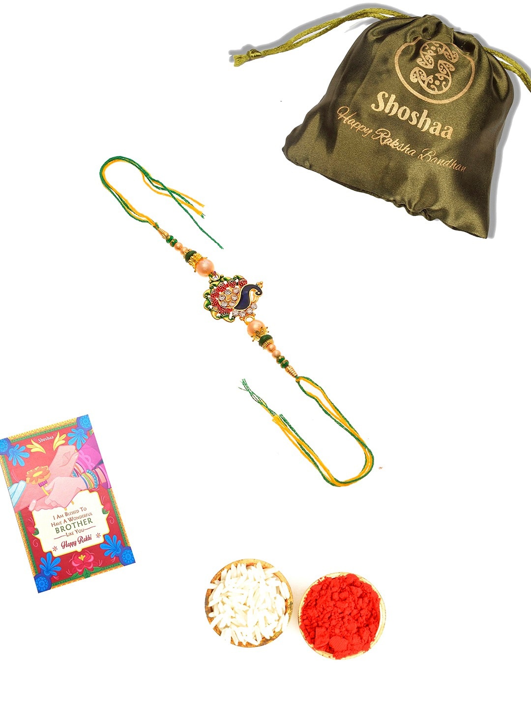 

Shoshaa Green & Gold-Toned Stone Studded Beaded Peacock Rakhi with Roli Chawal & Card