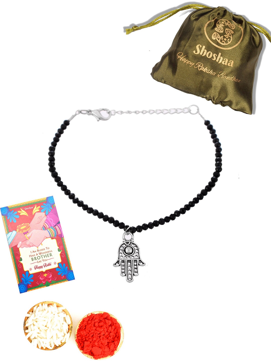 

Shoshaa Black & Silver-Toned Embellished Rakhi with Roli Chawal & Card
