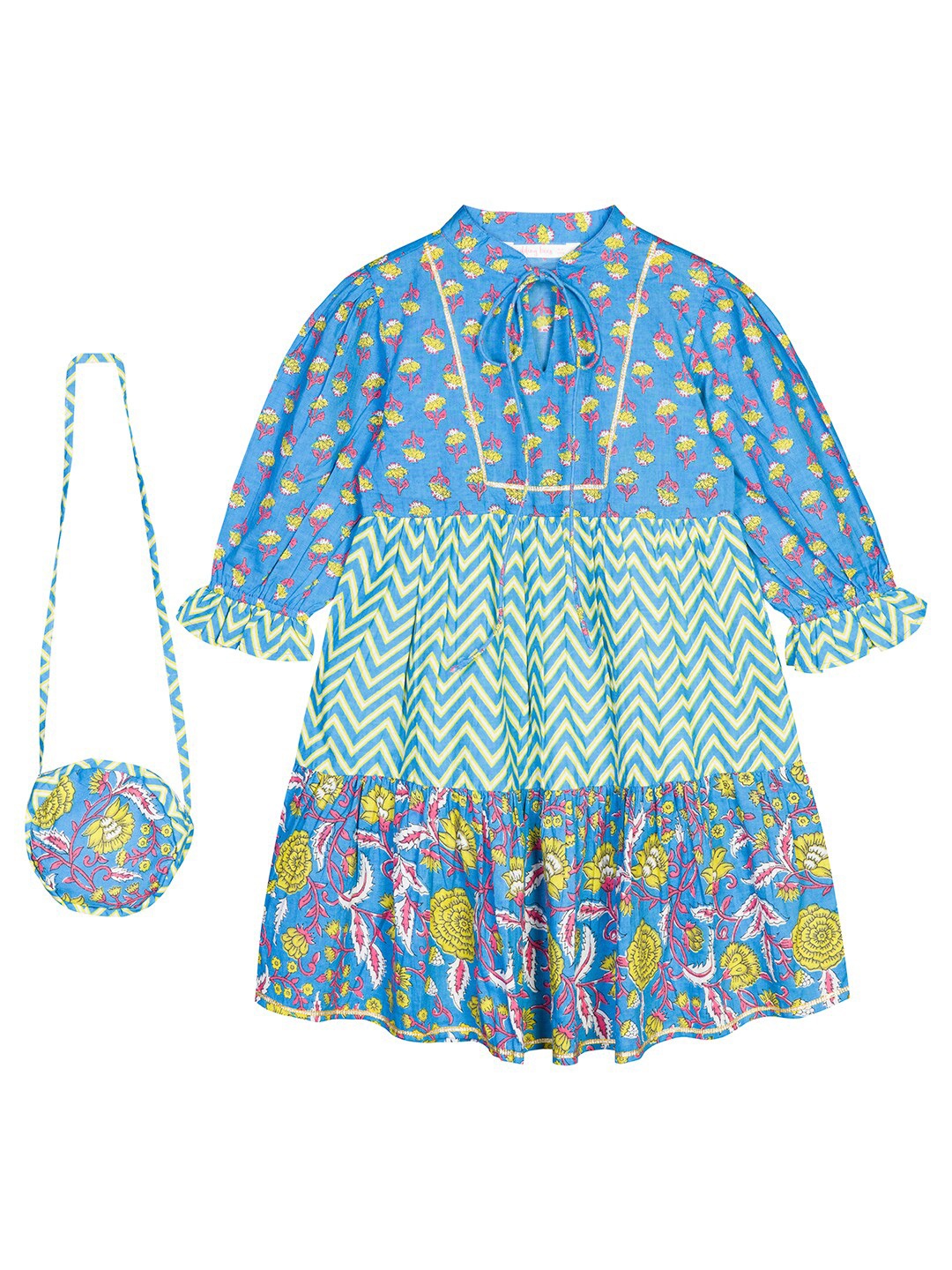 

Budding Bees Blue Floral Ethnic Blouson Dress