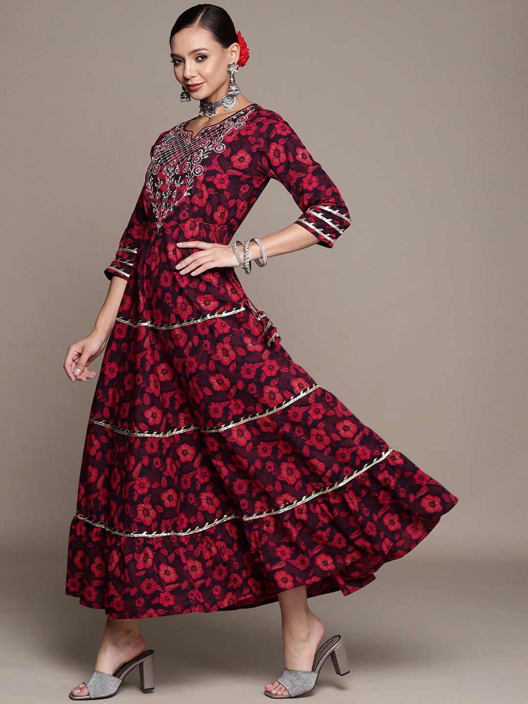 

Anubhutee Red & Brown Floral Ethnic A-Line Maxi Dress