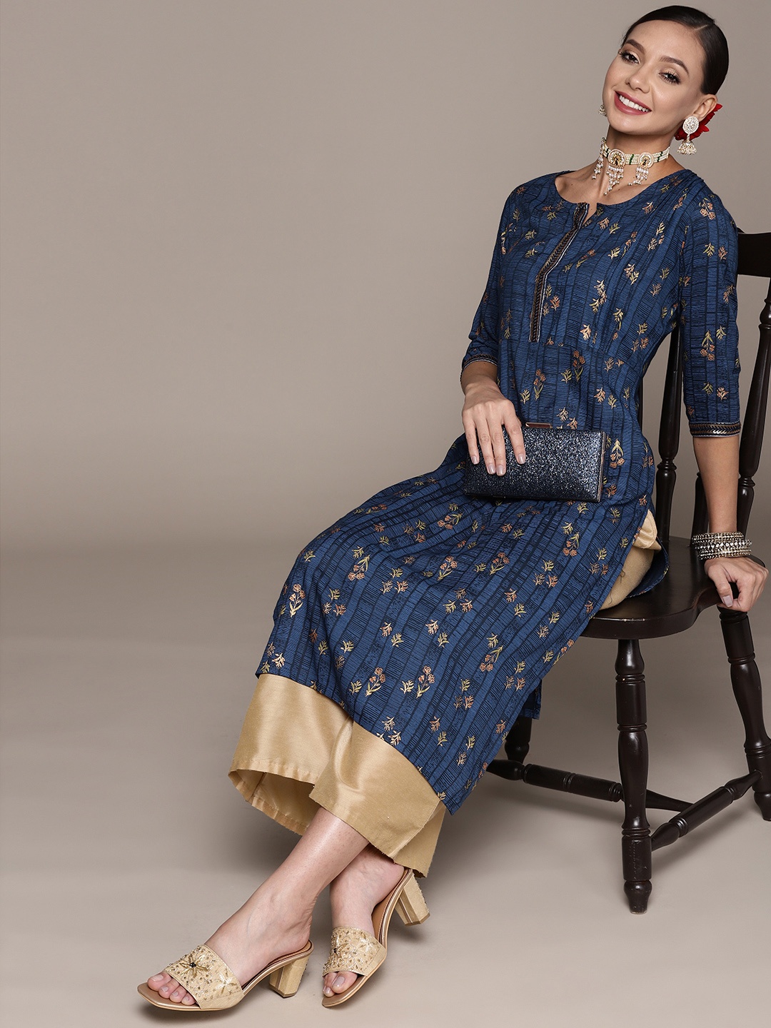 

Anubhutee Women Navy Blue & Golden Ethnic Motifs Printed Kurta