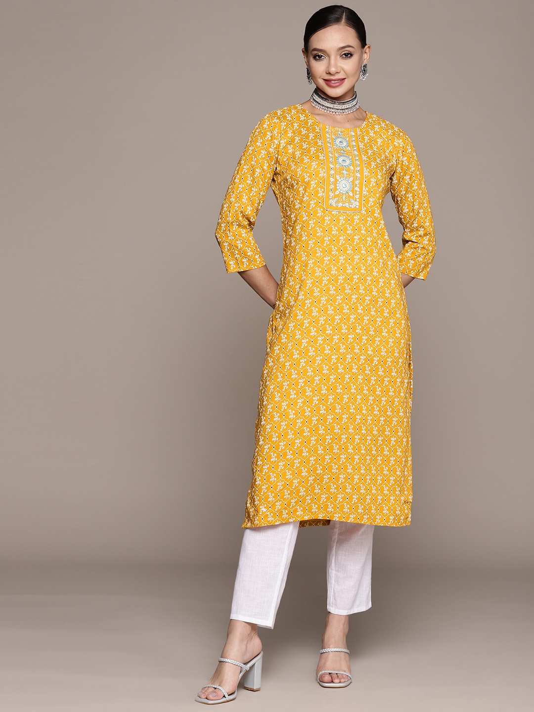 

Anubhutee Women Mustard Yellow Ethnic Motifs Printed Mirror Work Kurta