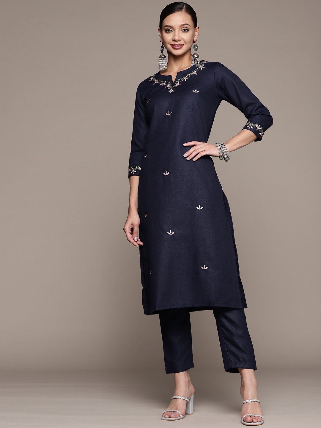 

Anubhutee Women Blue Floral Yoke Design Thread Work Kurta with Trousers