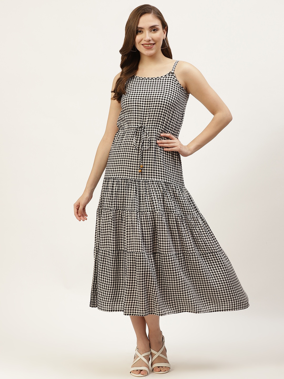 

BOOI White & Black Checked A-Line Midi Dress