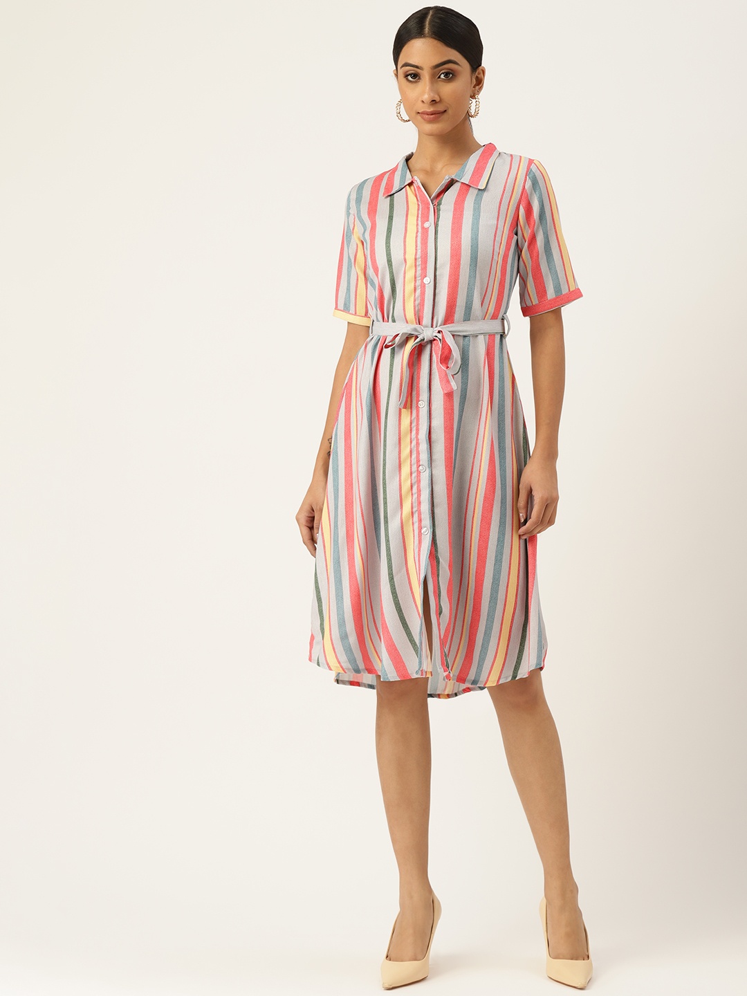 

BOOI Women Grey & Orange Striped Shirt Dress