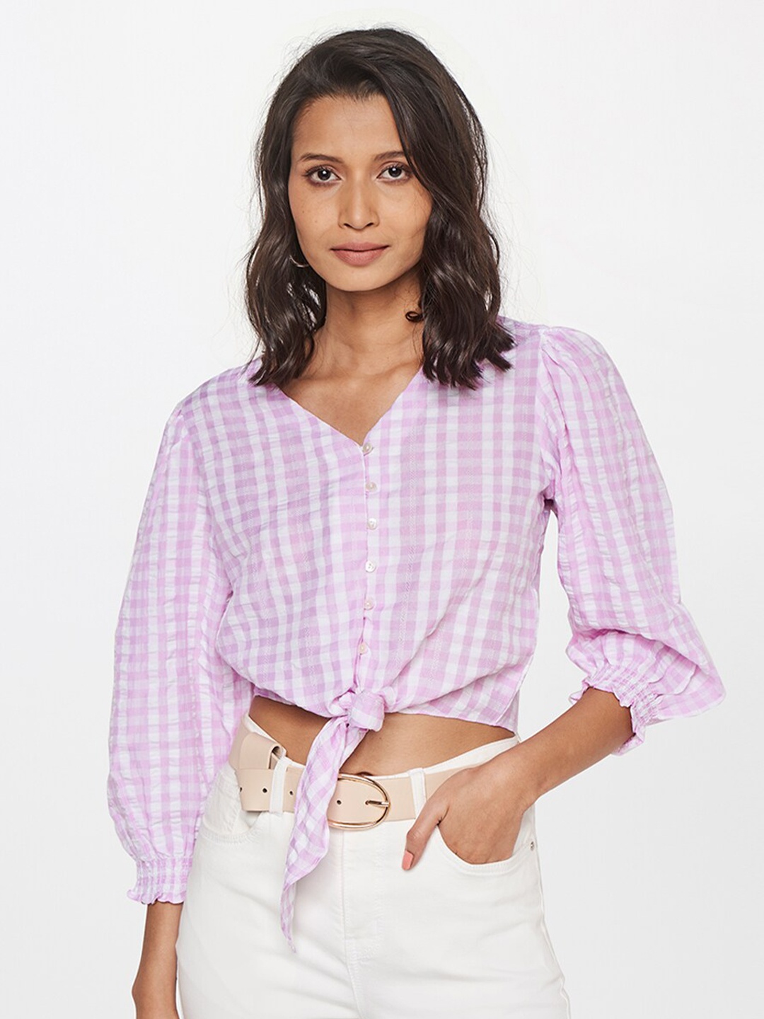 

AND Lavender Checked Shirt Style Crop Top