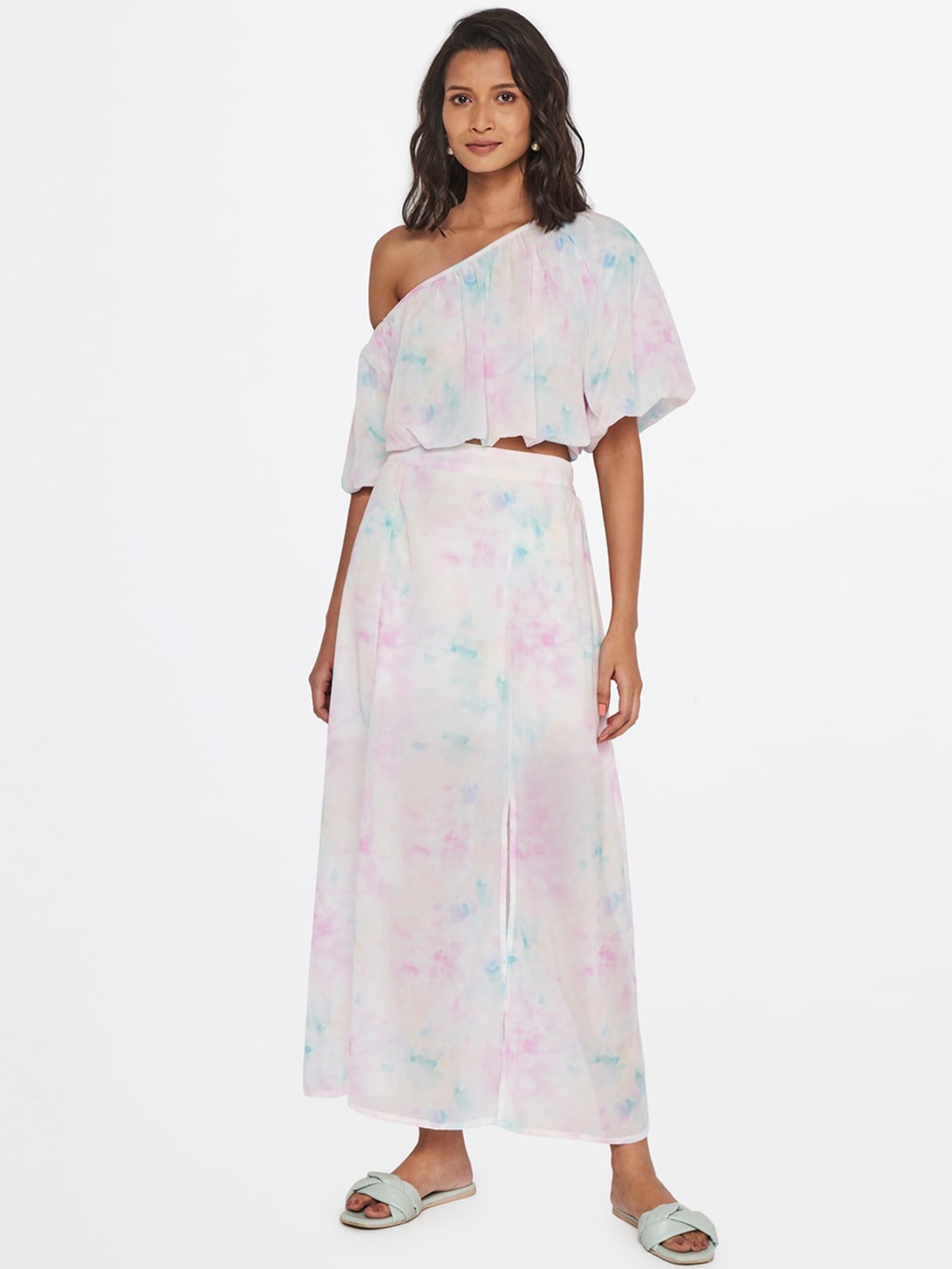 

AND Women White & Pink Tie and Dye Top with Skirt