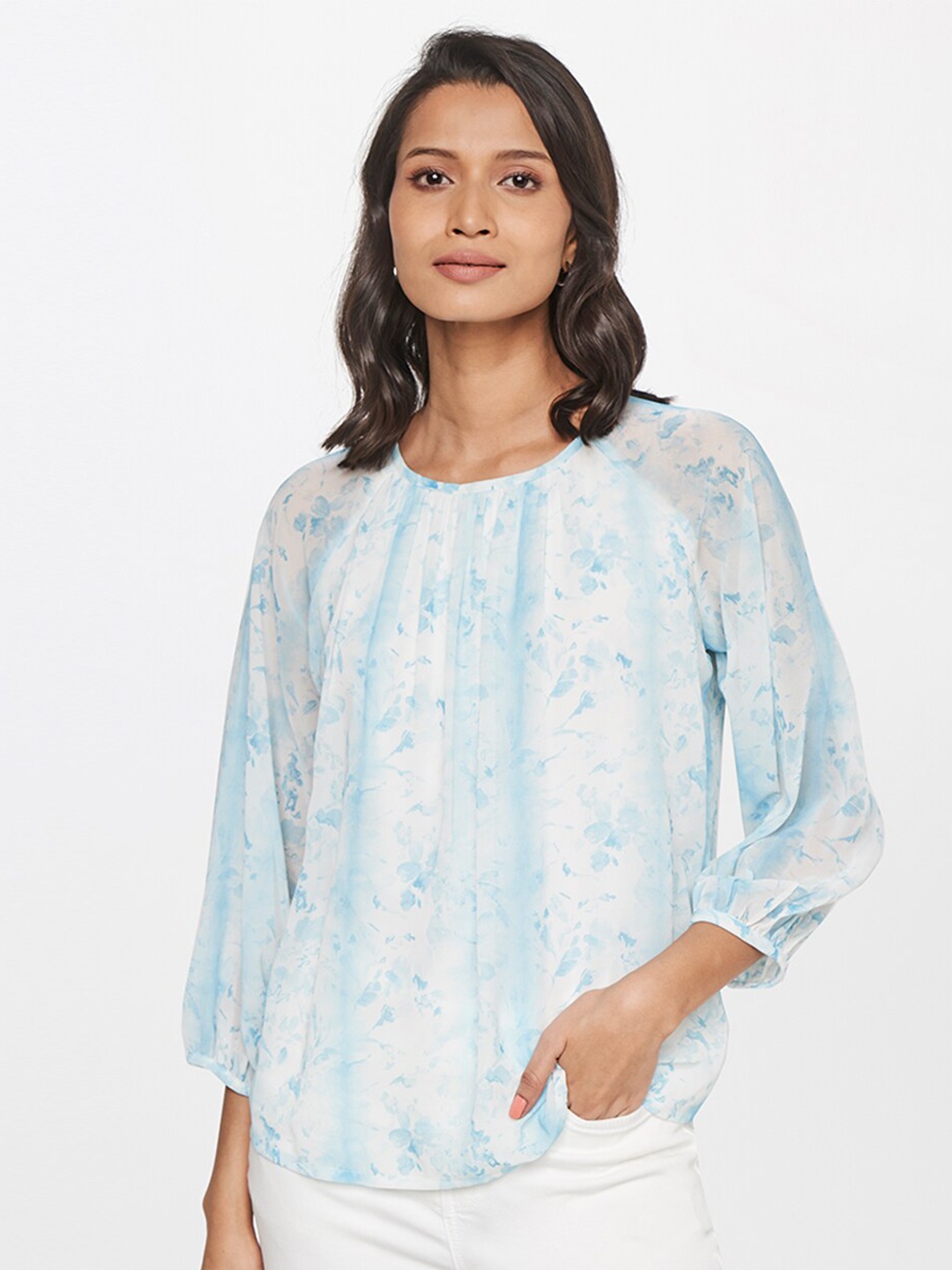 

AND Women Blue Floral Print Top