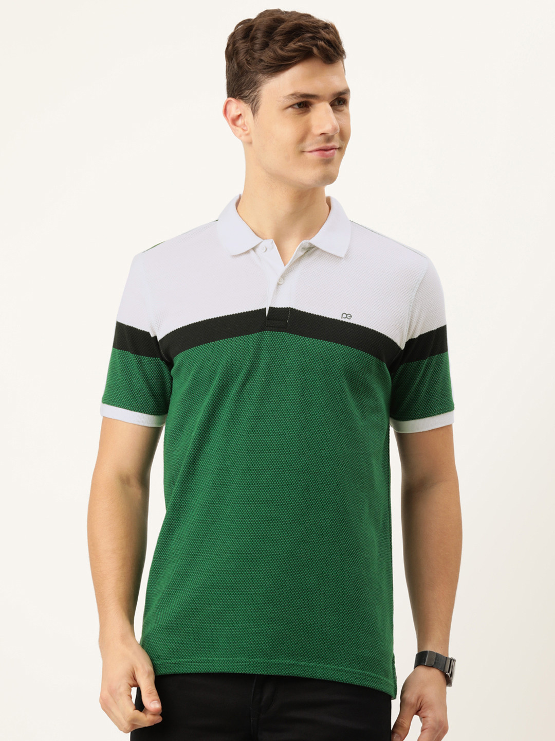 

Peter England Men Green & White Colourblocked Polo Collar T-shirt