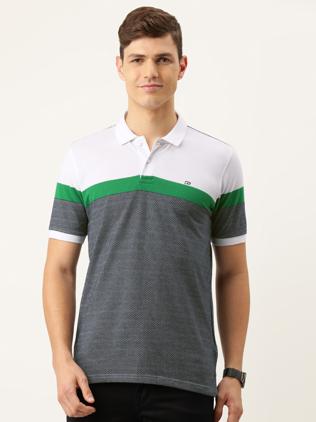 

Peter England Men Navy Blue & White Colourblocked Polo Collar T-shirt
