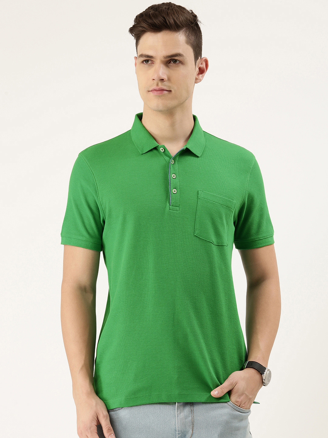 

Peter England Men Green Snug Fit Polo Collar Pure Cotton T-shirt