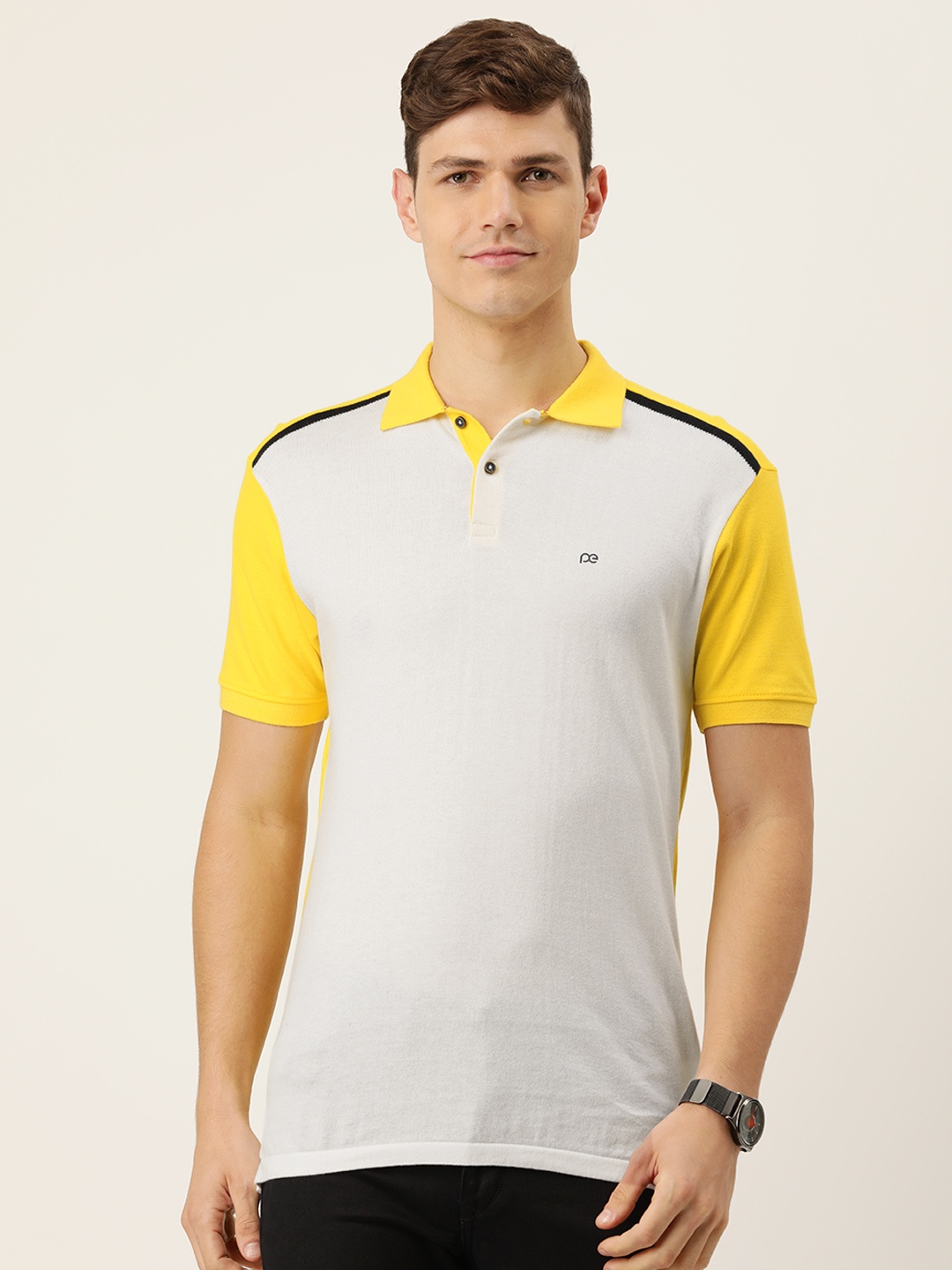 

Peter England Men White & Yellow Colourblocked Polo Collar Pure Cotton Snug Fit T-shirt