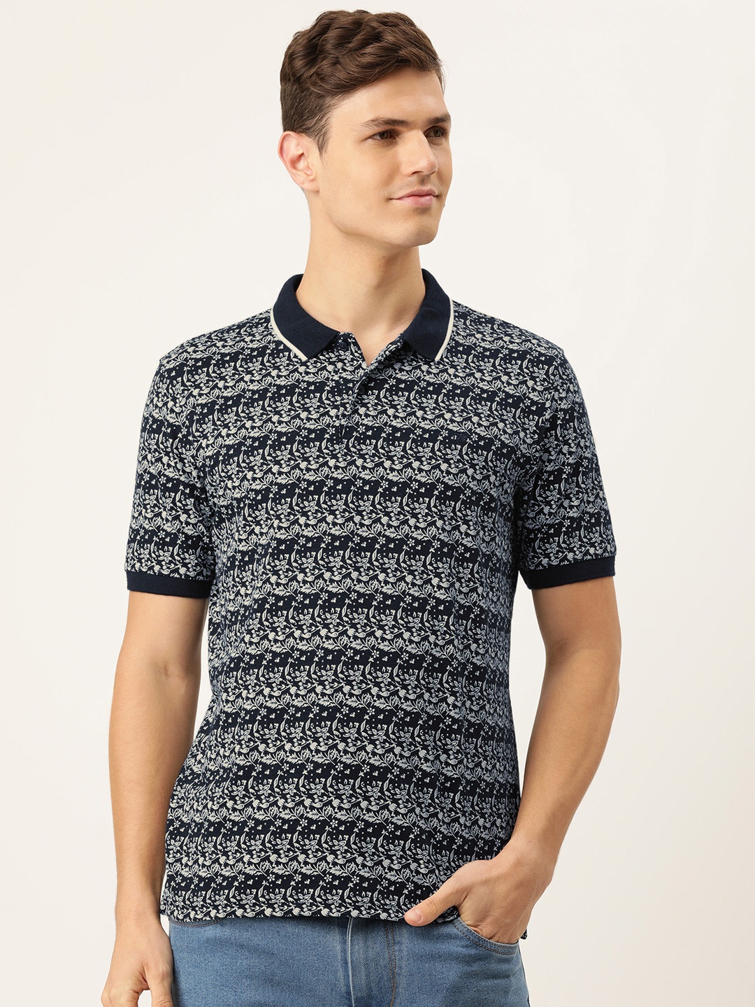 

Peter England Men Navy Blue & White Floral Print Polo Collar Regular Fit T-shirt