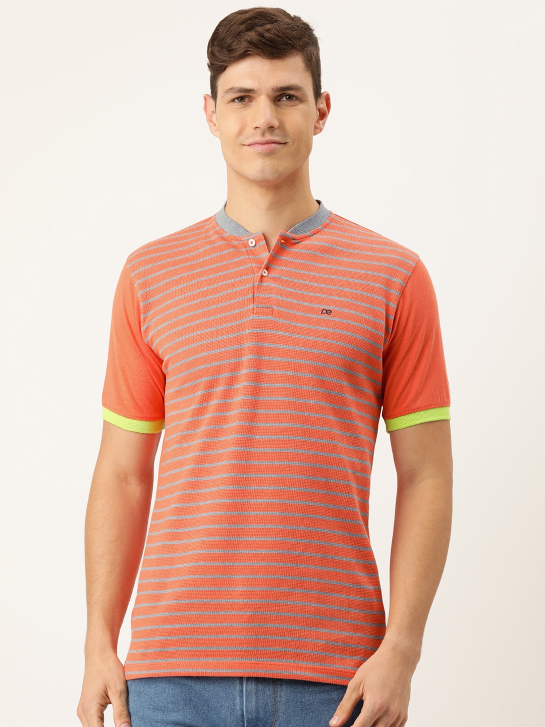 

Peter England Men Orange & Grey Striped Polo Collar T-shirt