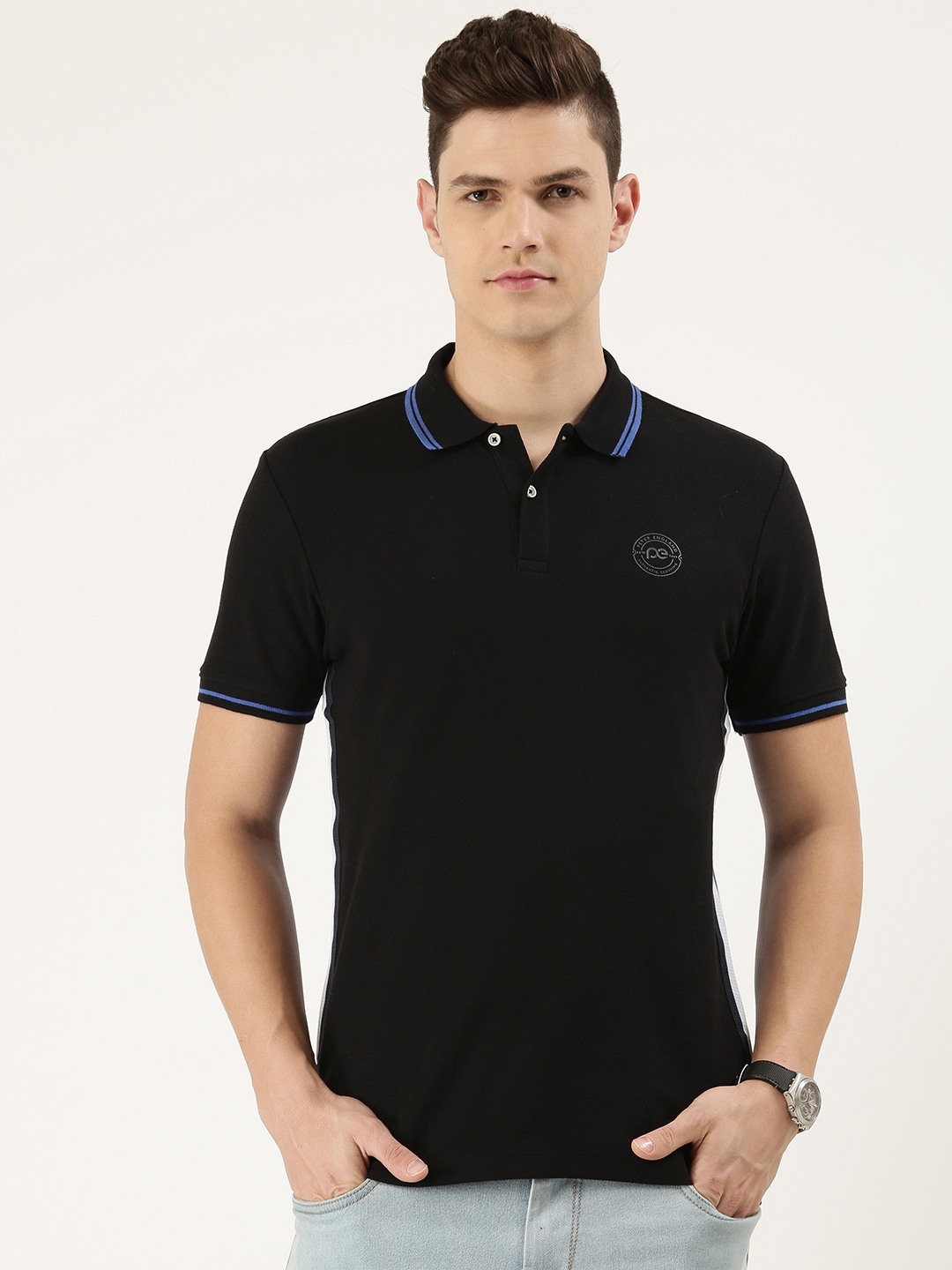 

Peter England Men Blue Snug Fit Colourblocked Polo Collar Pure Cotton T-shirt
