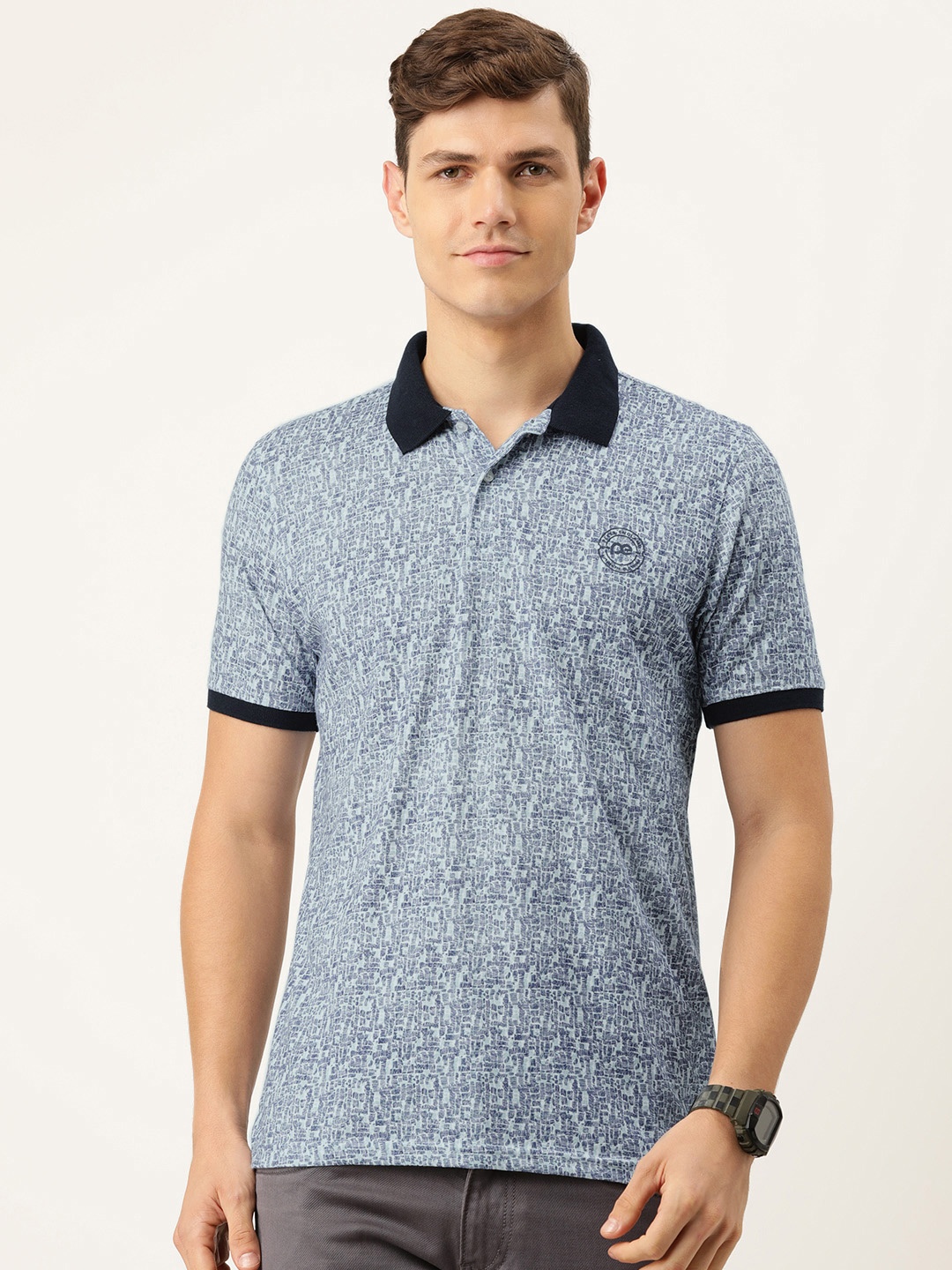 

Peter England Men Blue Abstract Print Polo Collar Indigo Regular Fit T-shirt