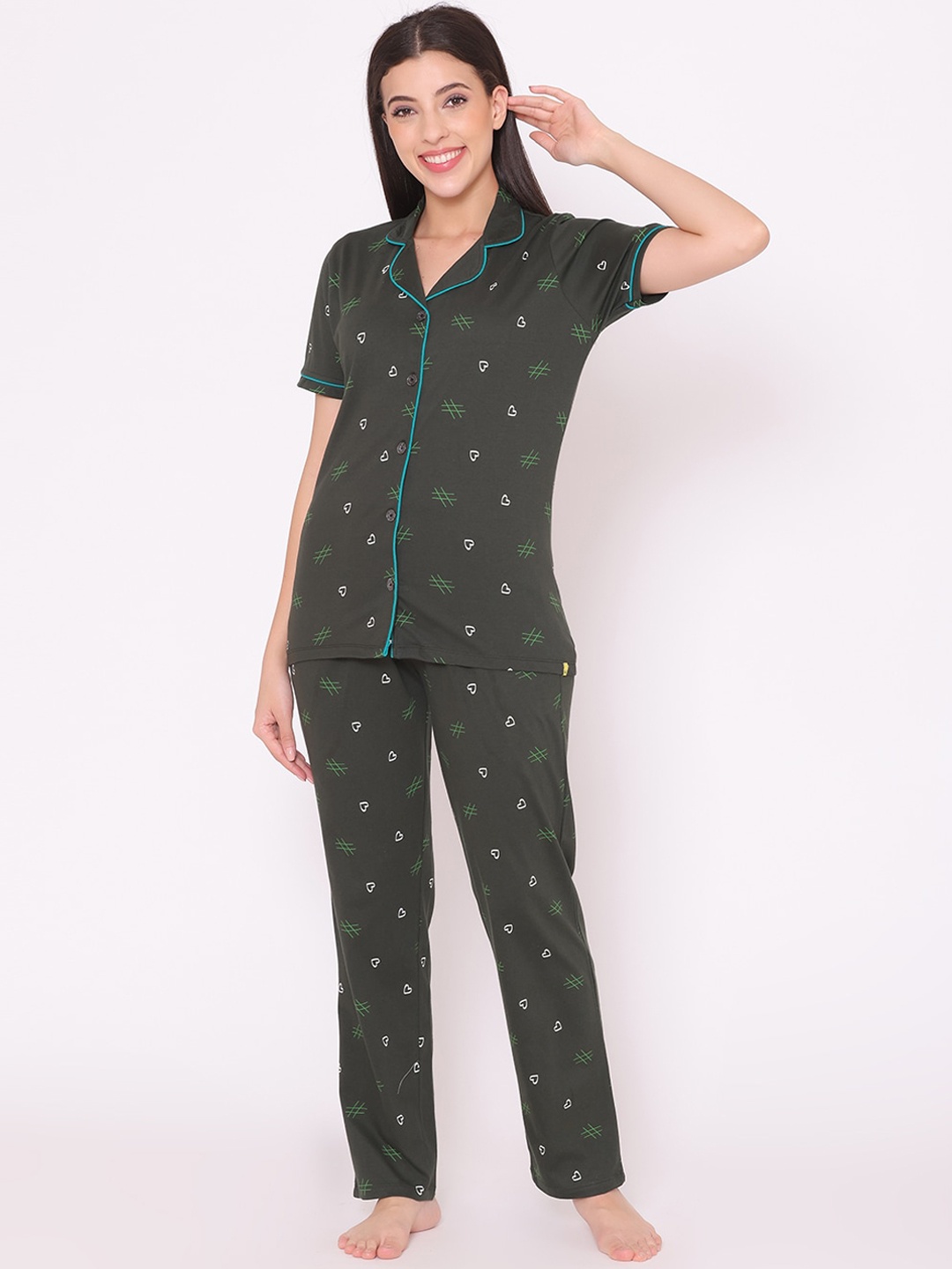 

TITTLI Women Green & Blue Printed Night suit