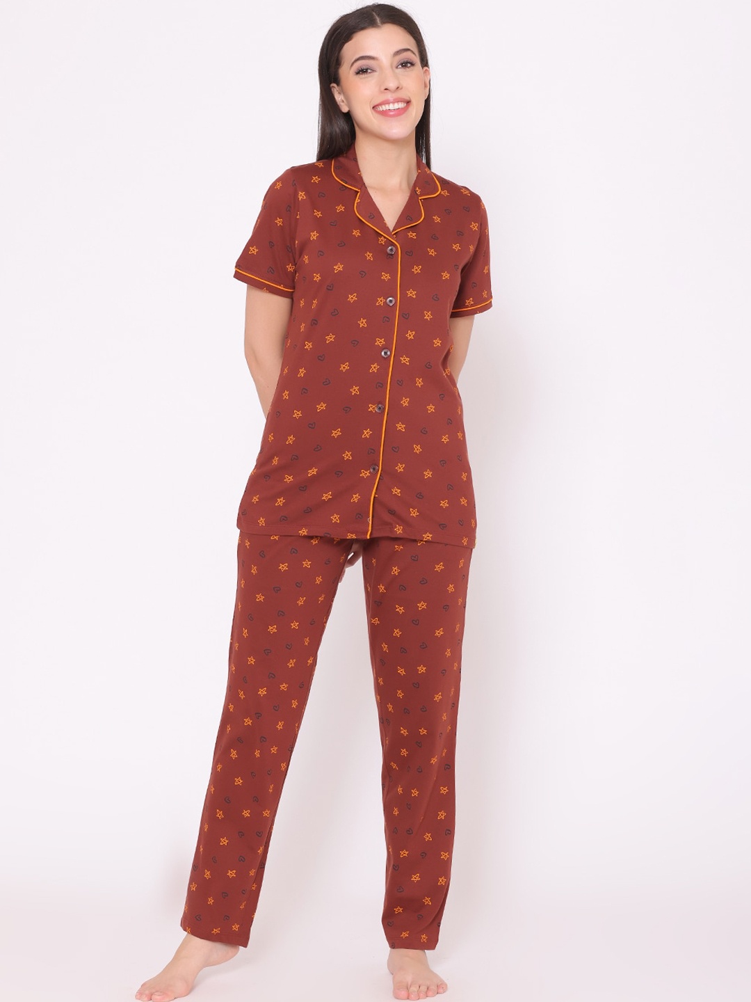 

TITTLI Women Brown & Black Short Sleeve Lapel Collar Printed Night suit