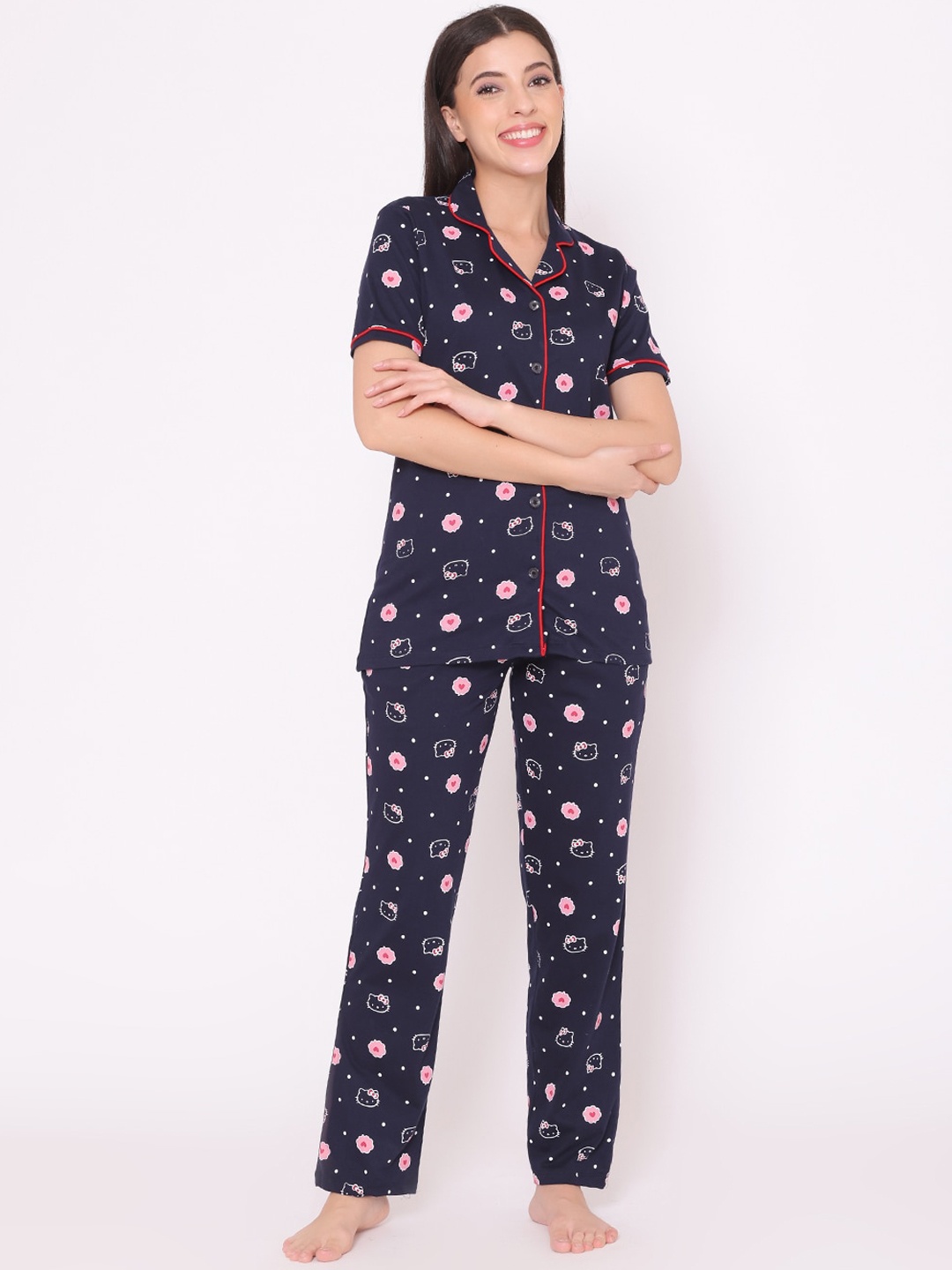 

TITTLI Women Navy Blue & Pink Printed Night suit