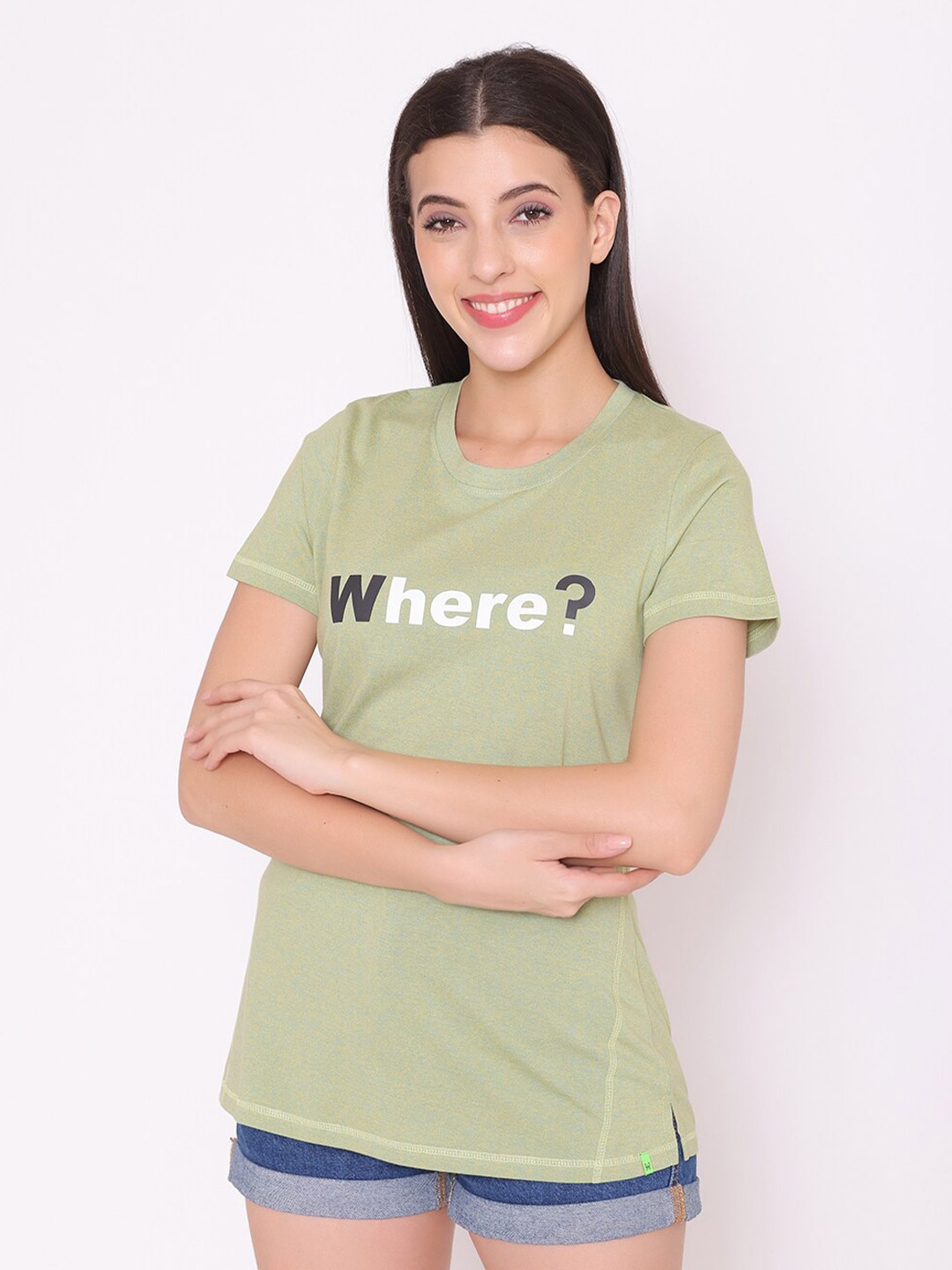 

TITTLI Women Olive Green Typography Printed Extended Sleeves T-shirt