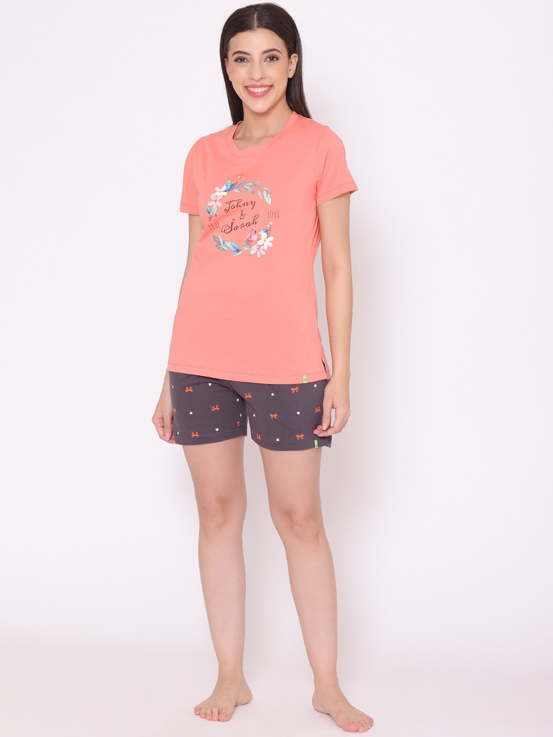 

TITTLI Women Peach & Purple Printed T Shirt And Shorts Night suit