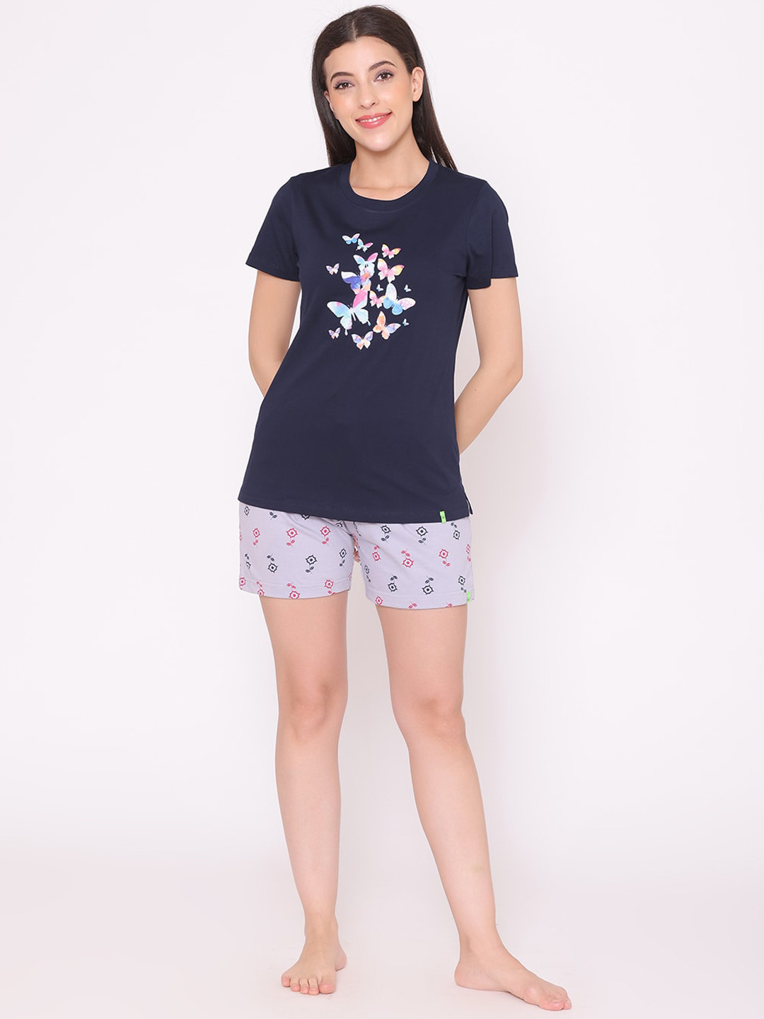 

TITTLI Women Navy Blue & Purple Printed Night suit