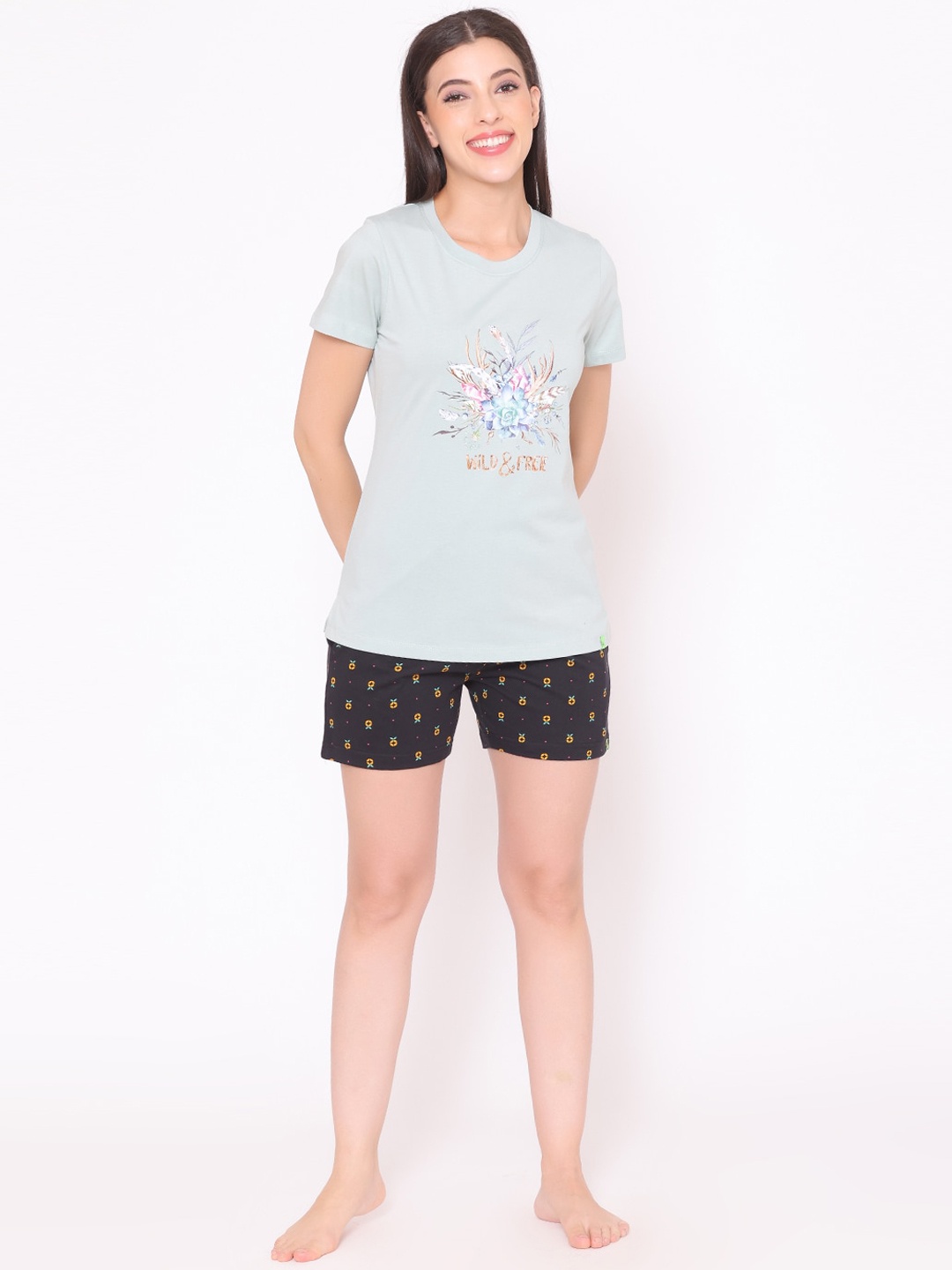 

TITTLI Women Grey & Blue Printed Night suit