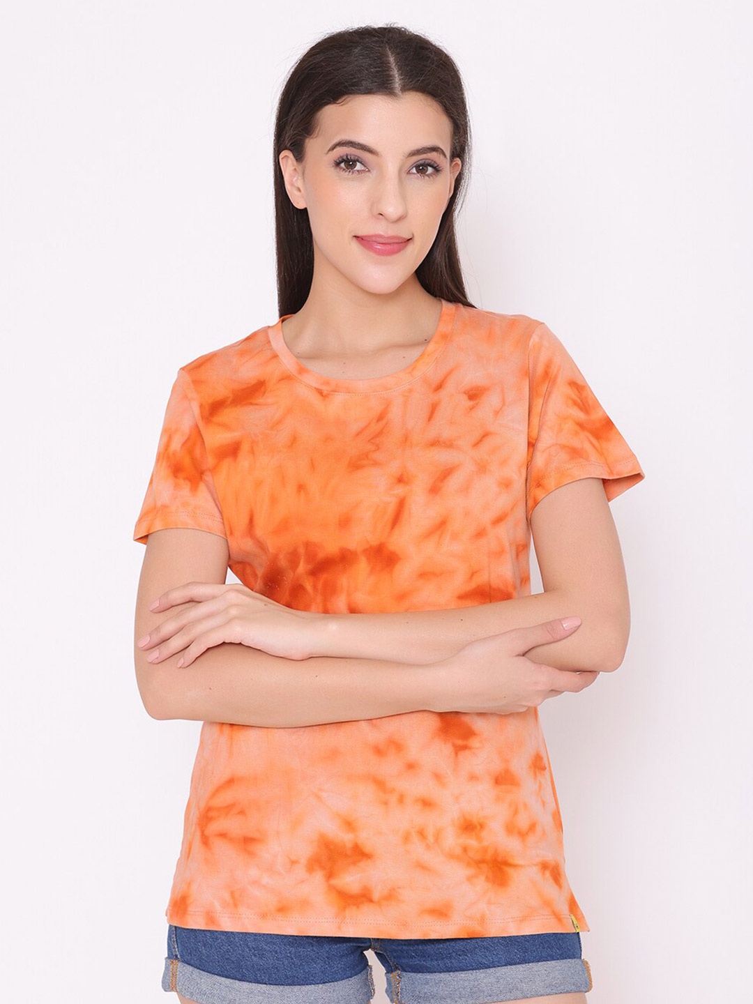 

TITTLI Women Orange Printed Extended Sleeves T-shirt