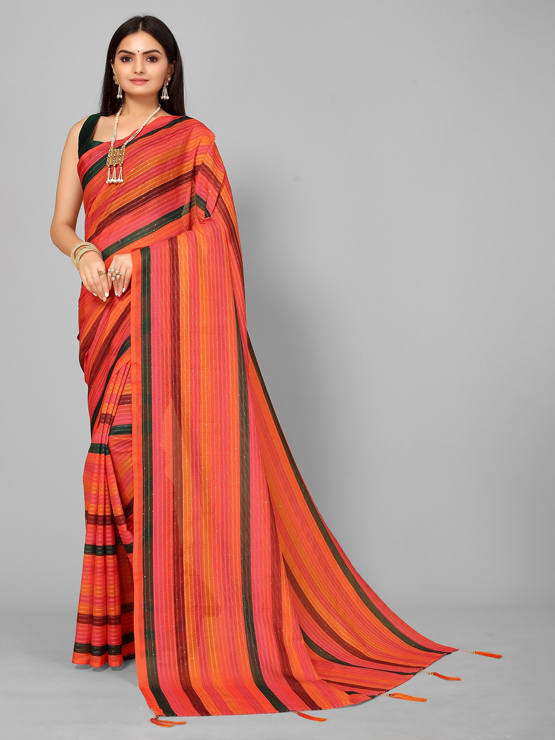 

KALINI Red & Orange Striped Sequinned Fusion Saree