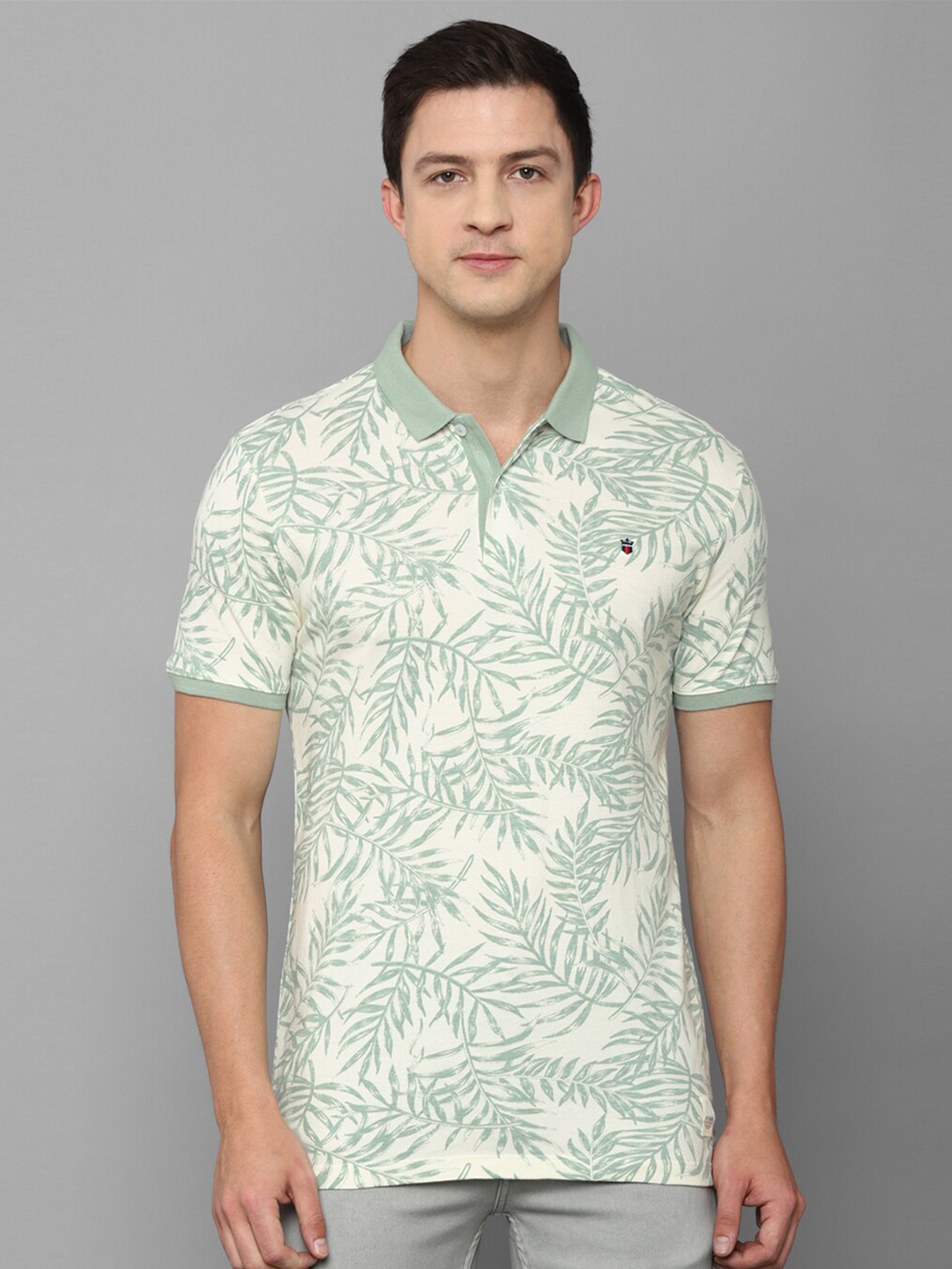 

Louis Philippe Jeans Men Cream-Coloured & Sea Green Tropical Printed Polo Collar T-shirt