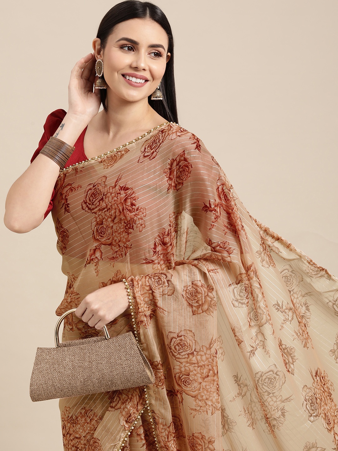 

LOOKNBOOK ART Beige & Maroon Embellished Border Chiffon Silk Blend Saree with Blouse