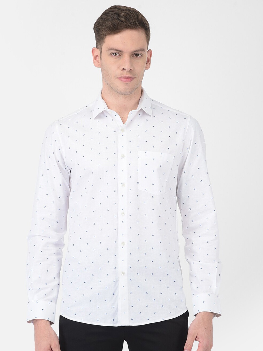 

Turtle Men White & Blue Printed Regular Fit Cotton Linen Semiformal Shirt