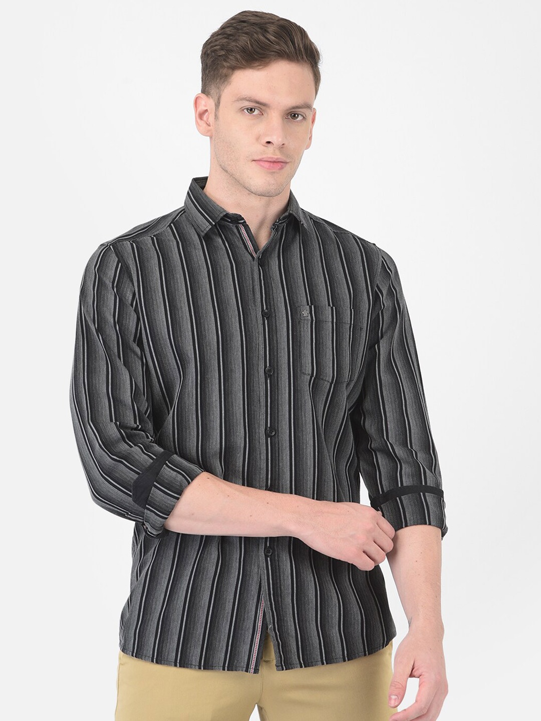 

Turtle Men Black & Grey Slim Fit Striped Cotton Semiformal Shirt