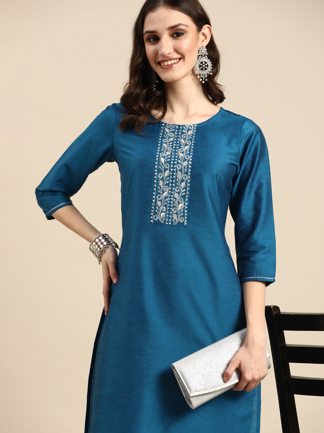 

Sangria Women Blue Thread Work Kurta with Trousers