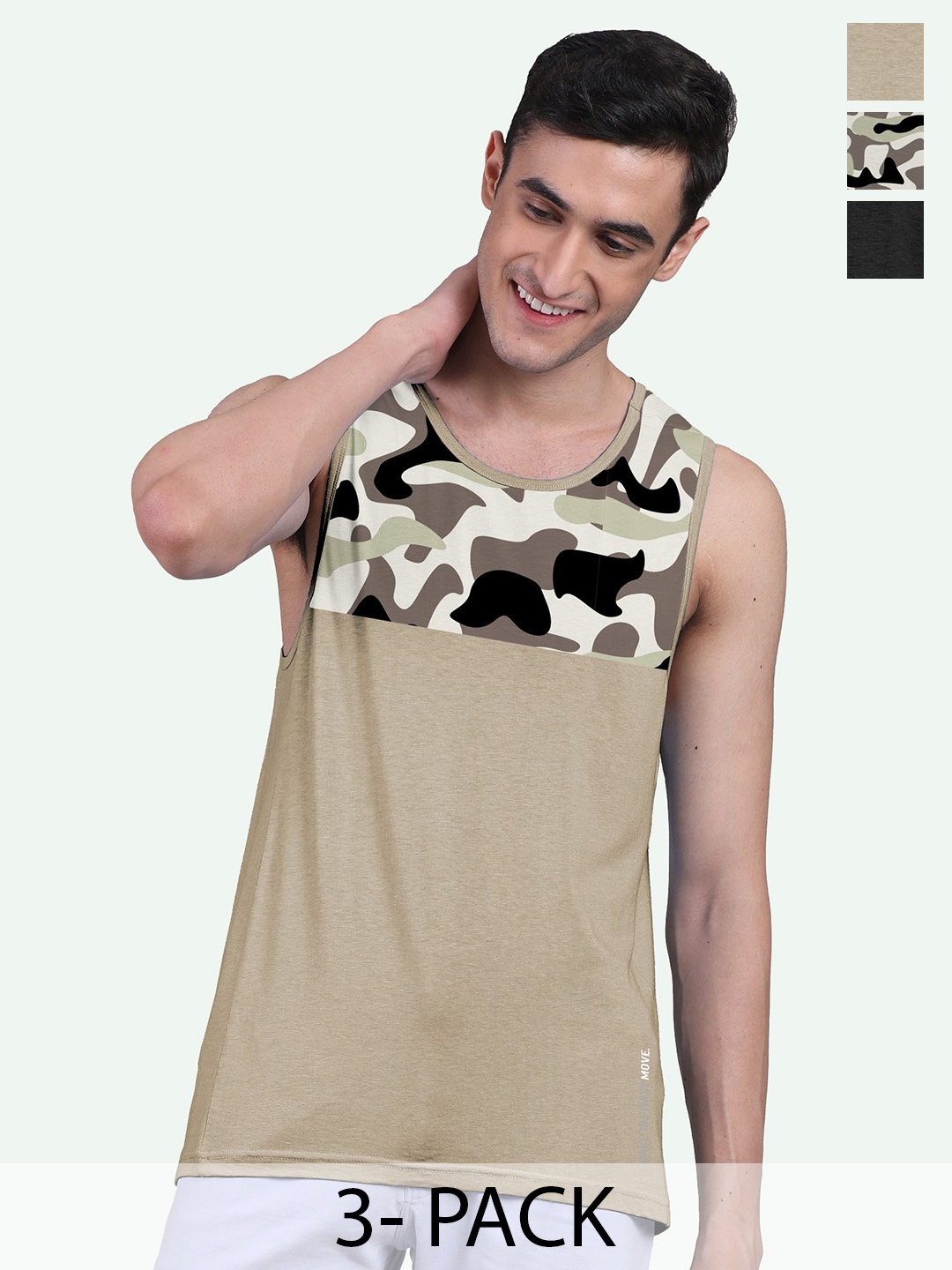 

FREECULTR Men Pack of 3 Black & Beige Printed Cotton Innerwear Vest