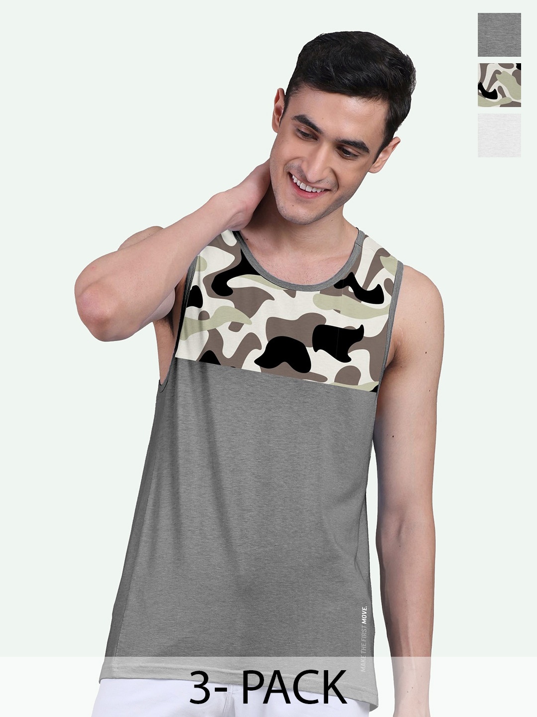 

FREECULTR Men Pack Of 3 Grey Camouflage Printed Bamboo Innerwear Gym Vests