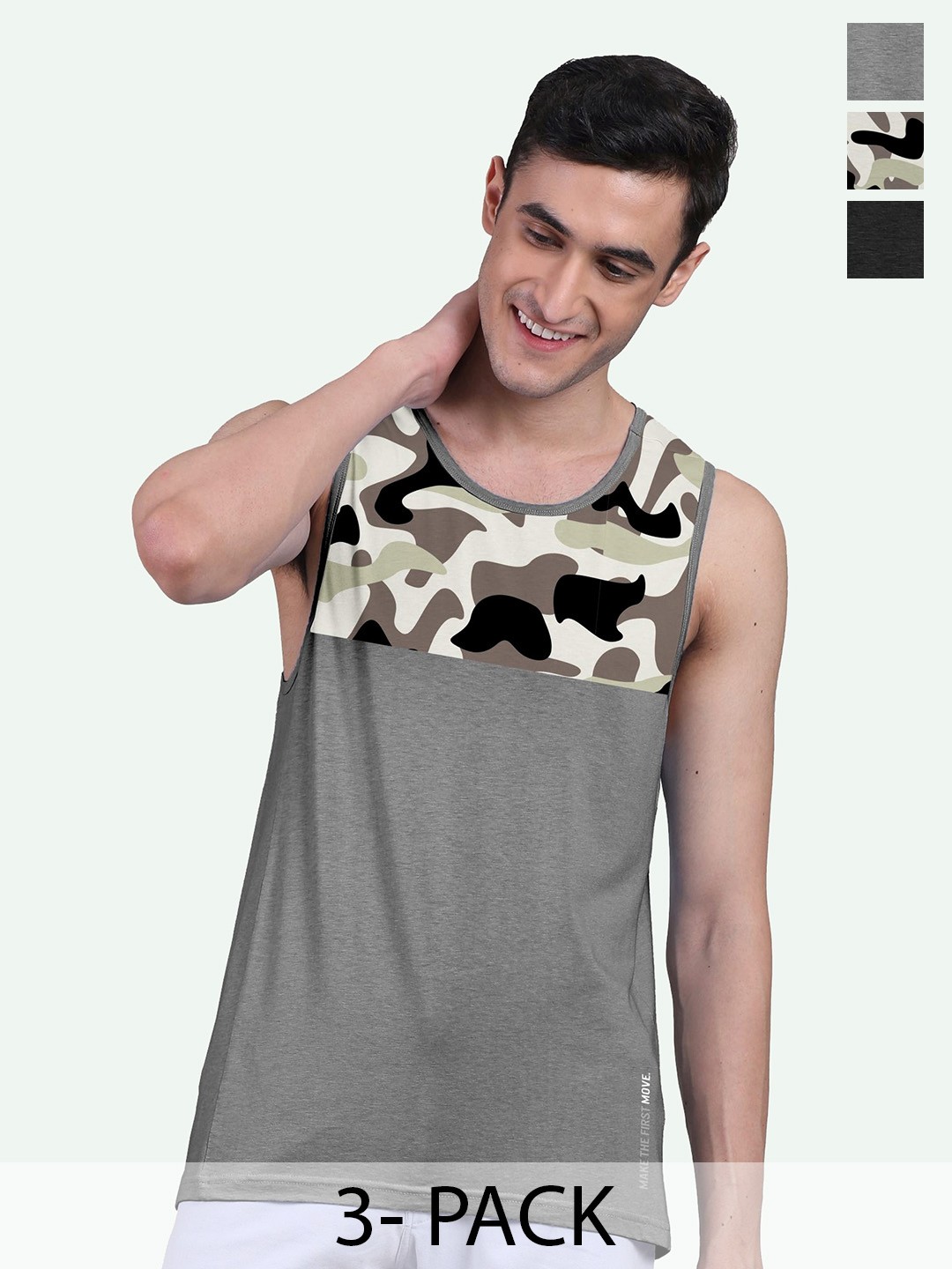 

FREECULTR Men Pack Of 3 Camouflage Self-Design Bamboo Innerwear Gym Vests, Grey