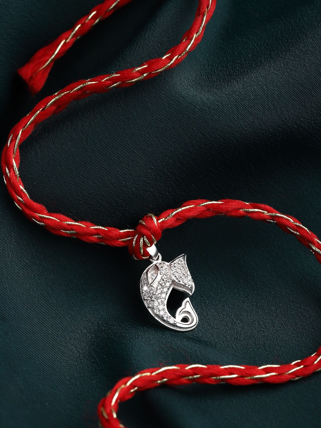 

PANASH 925 Pure Sterling Silver Ganesha Red Thread Convertible Pendant Rakhi