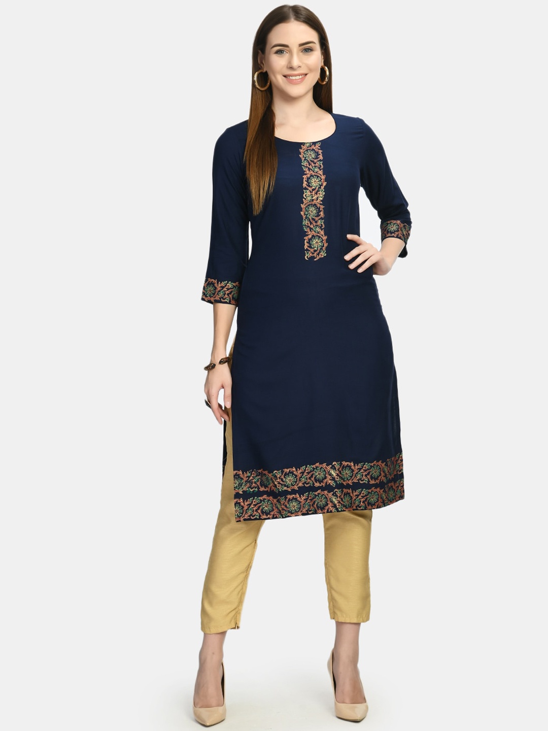 

Akshatani Women Blue Printed Thread Work Block Print Kurta