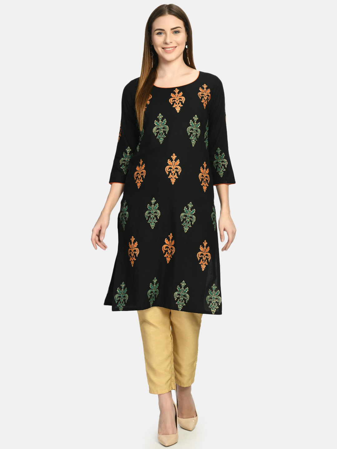 

Akshatani Women Black Block Print Rayon Kurta