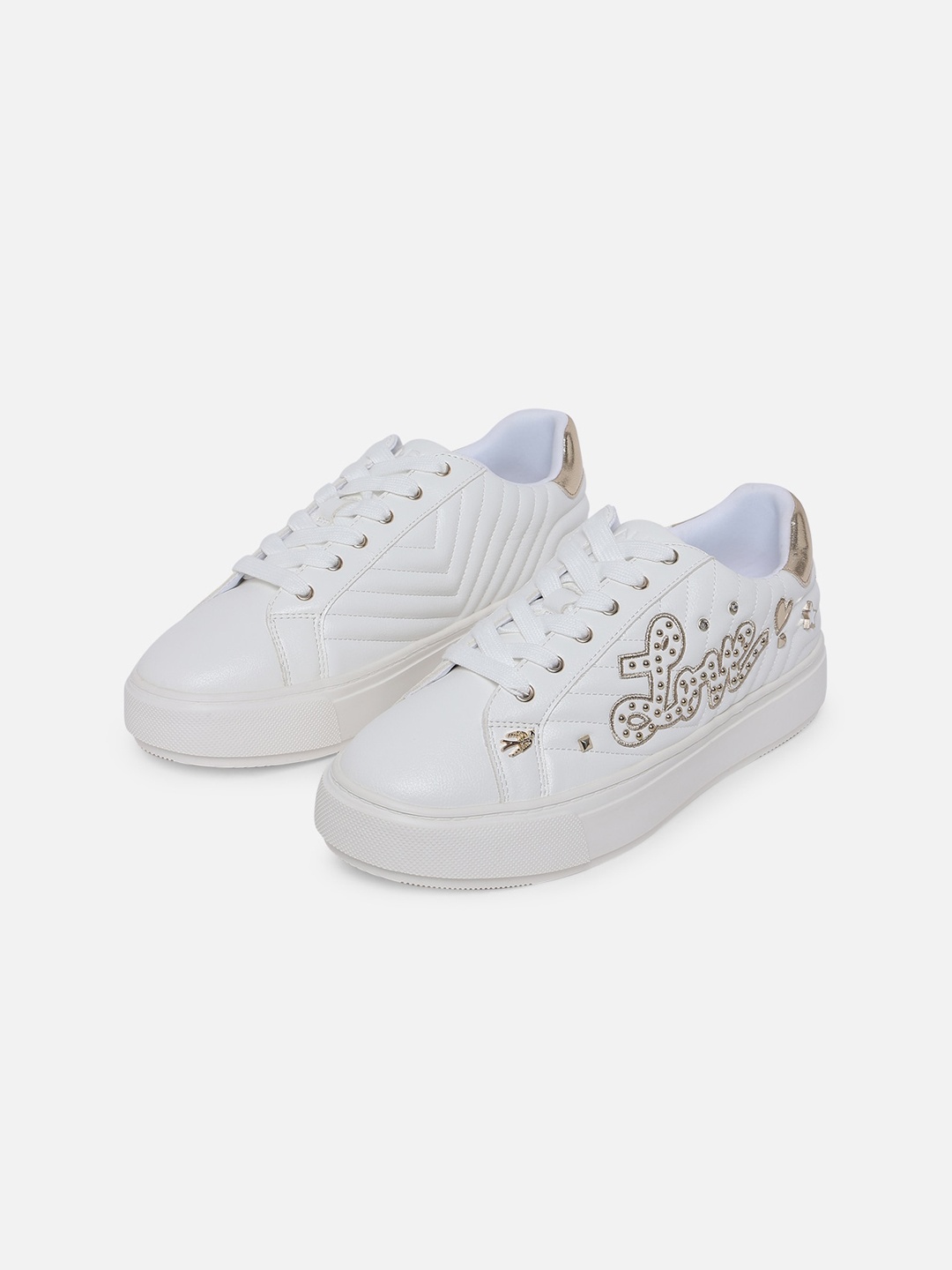 

ALDO Women White Lace Up Embellished Sneakers