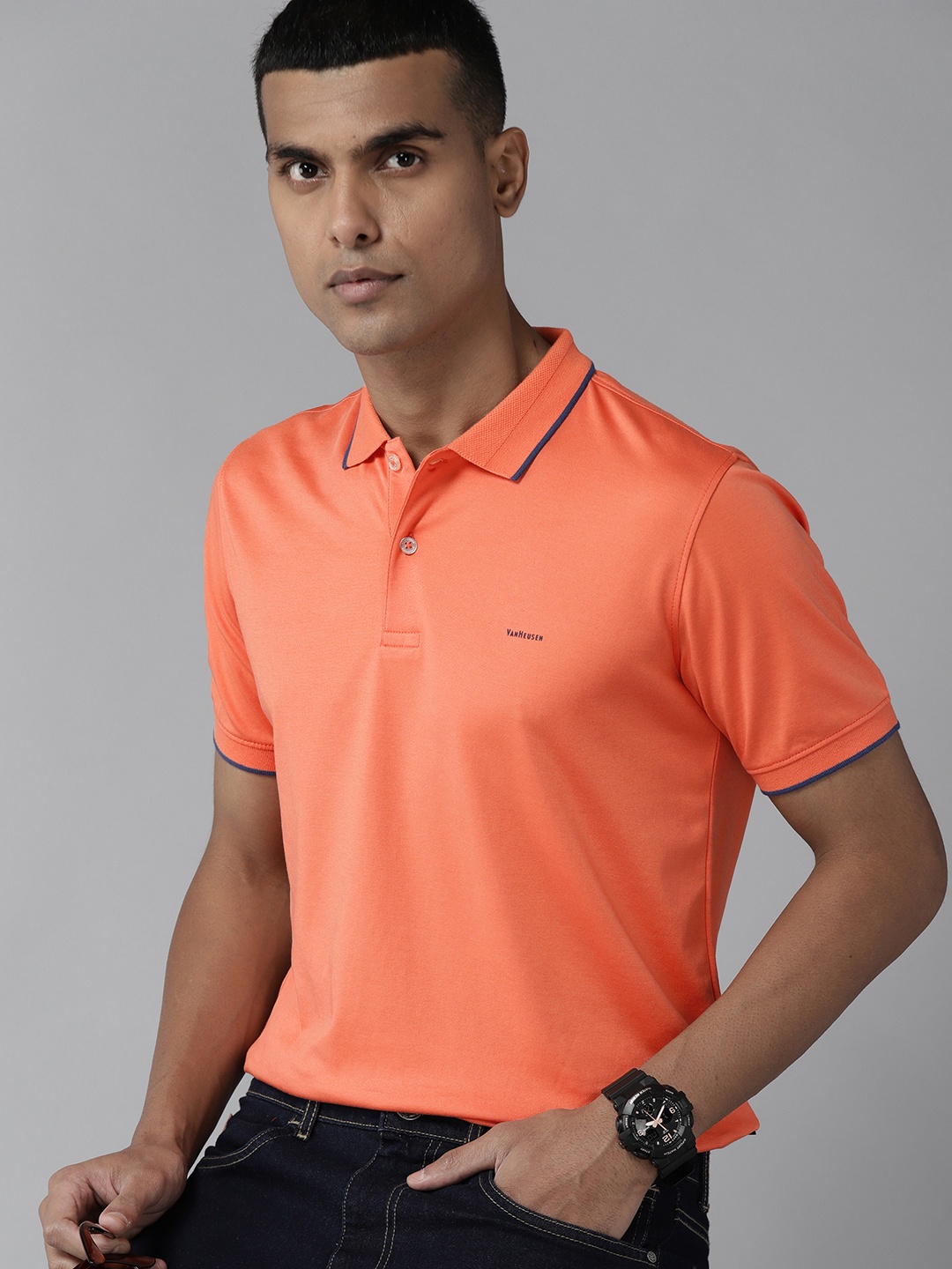 

Van Heusen Men Peach-Coloured Polo Collar Slim Fit T-shirt