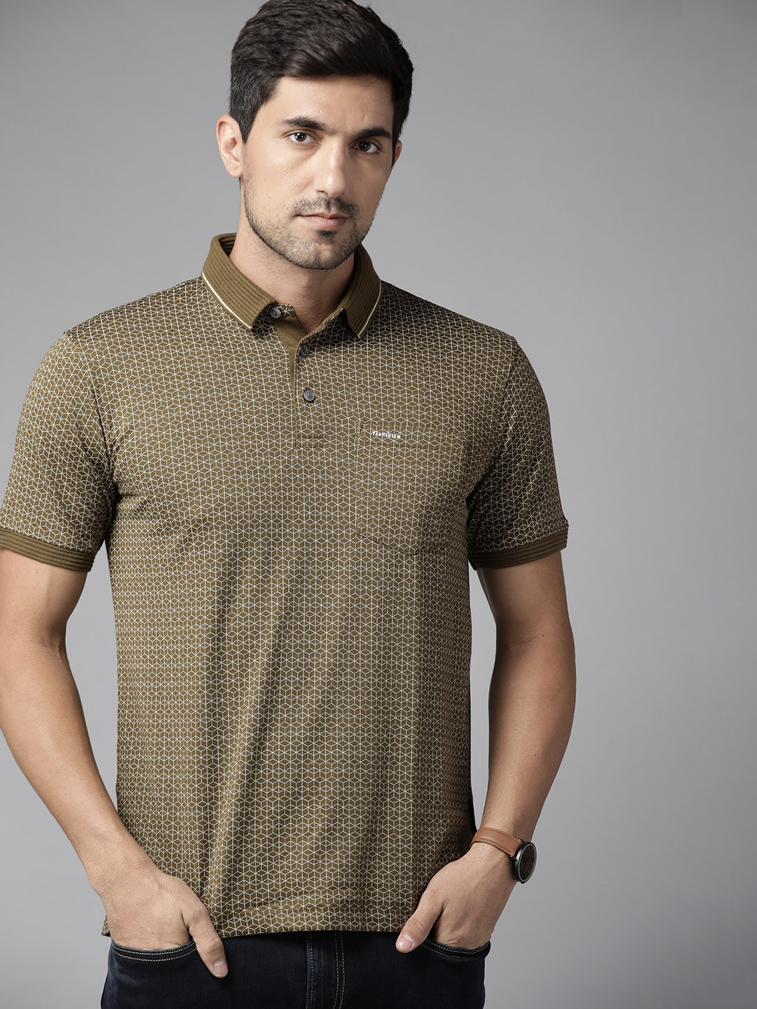 

Van Heusen Men Olive Green & Off White Printed Polo Collar T-shirt