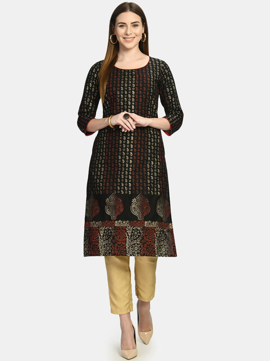 

Akshatani Women Black Ethnic Motifs Striped Block Print Anarkali Kurta