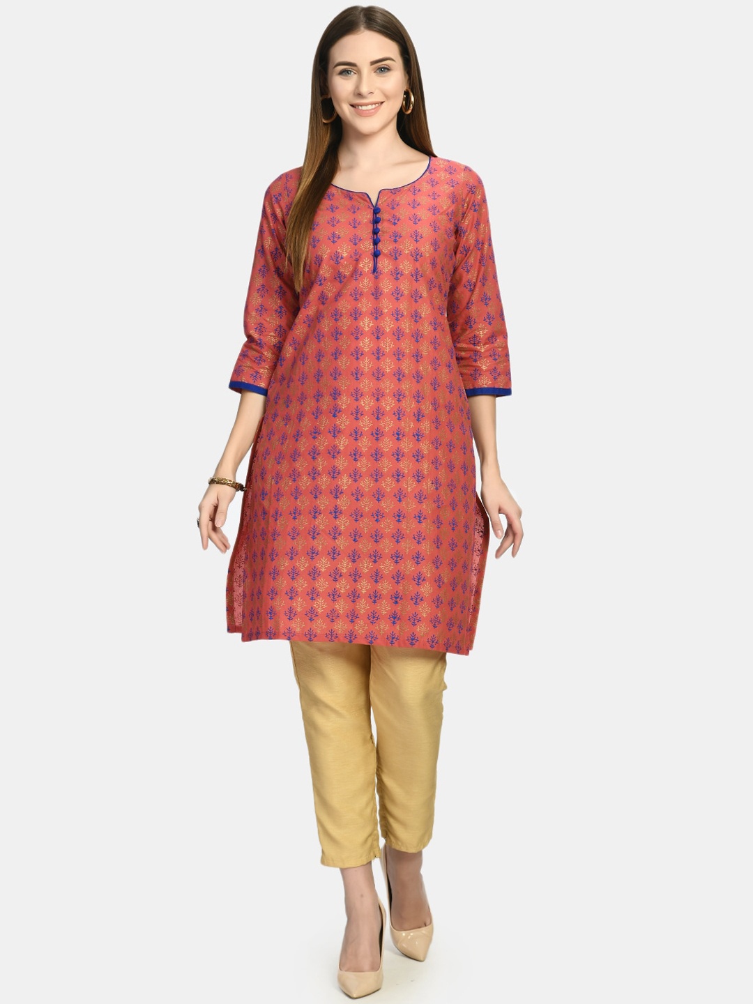

Akshatani Women Rose & Blue Ethnic Motifs Printed Block Print Kurta